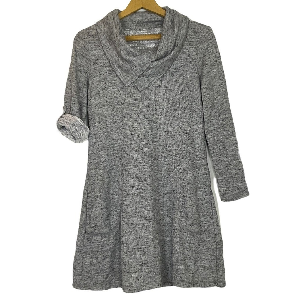Womens Heather Grey Marled Knit Cowl Neck Tunic Dress Roll Tab Sleeve Pockets - Picture 2 of 6